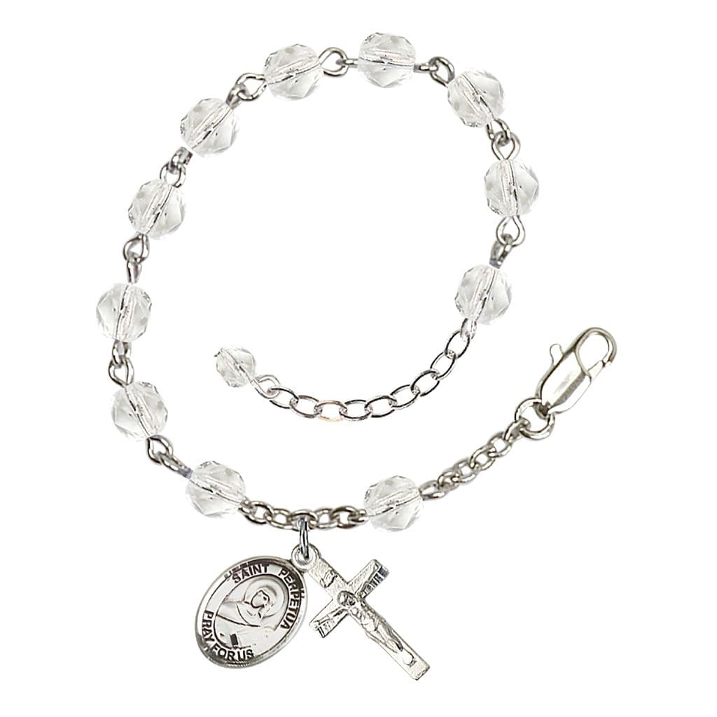Bliss St. Perpetua Rosary Bracelet with Pewter Crucifix and Charm, Birthstone 6mm Fire Polished Clear Crystal Beads for April