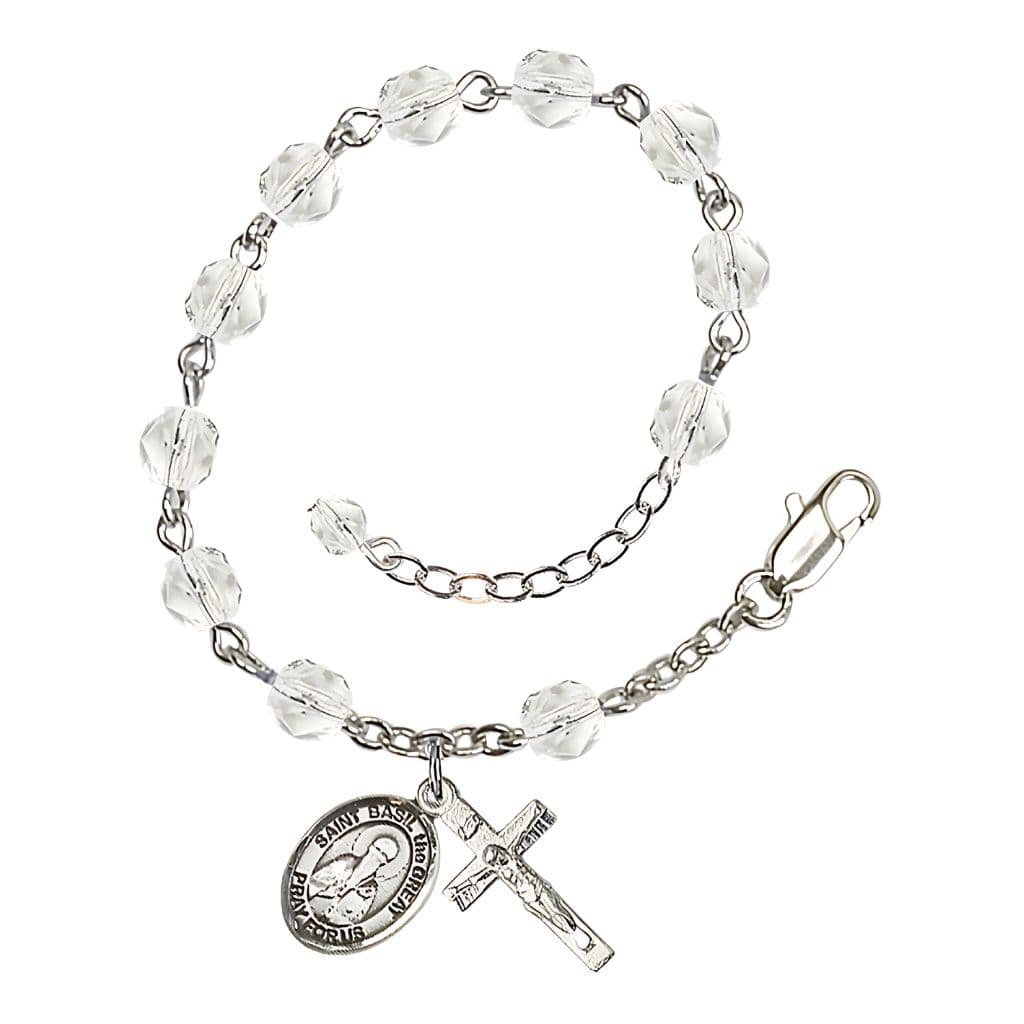 St. Basil Birthstone Silver Plated Rosary Bracelet in Clear,