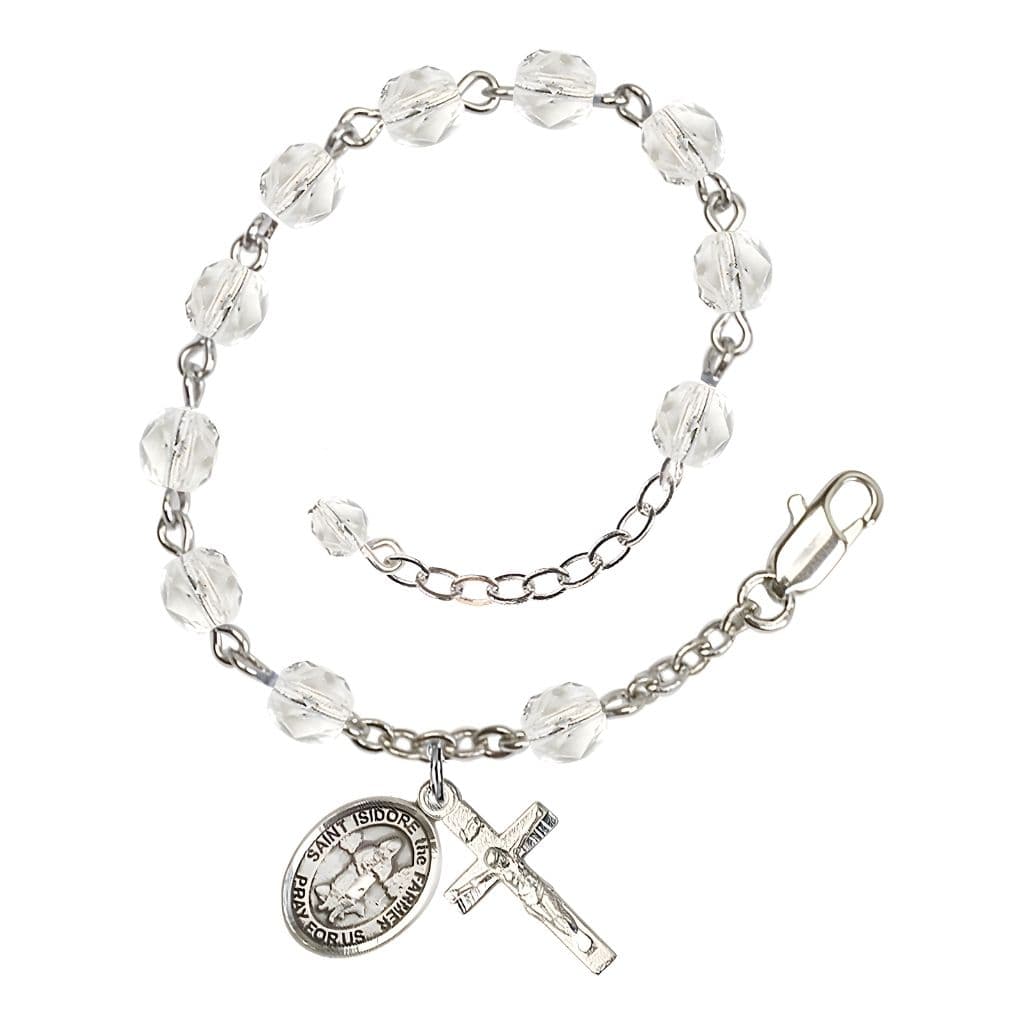 Bliss St. Isidore the Farmer Rosary Bracelet with Pewter Crucifix and Charm, Birthstone 6mm Fire Polished Clear Crystal Beads for April