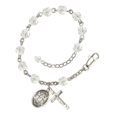 St. Isidore the Farmer Rosary Bracelet with Pewter Crucifix and Charm, Birthstone 6mm Fire Polished Clear Crystal Beads for April, Bliss Manufacturing
