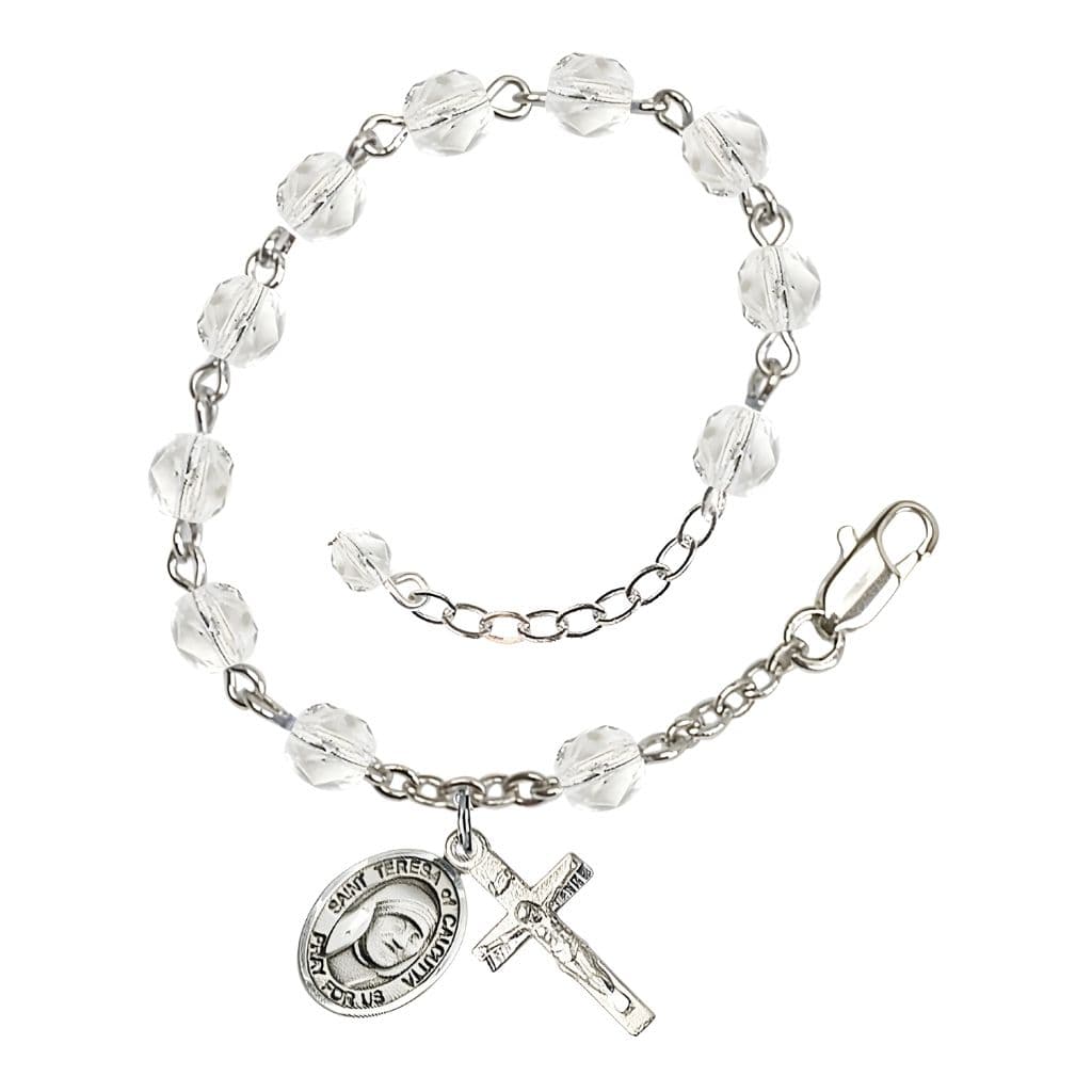 Bliss St. Teresa of Calcutta Birthstone Rosary Bracelet, Clear 6mm Fire Polished Beads