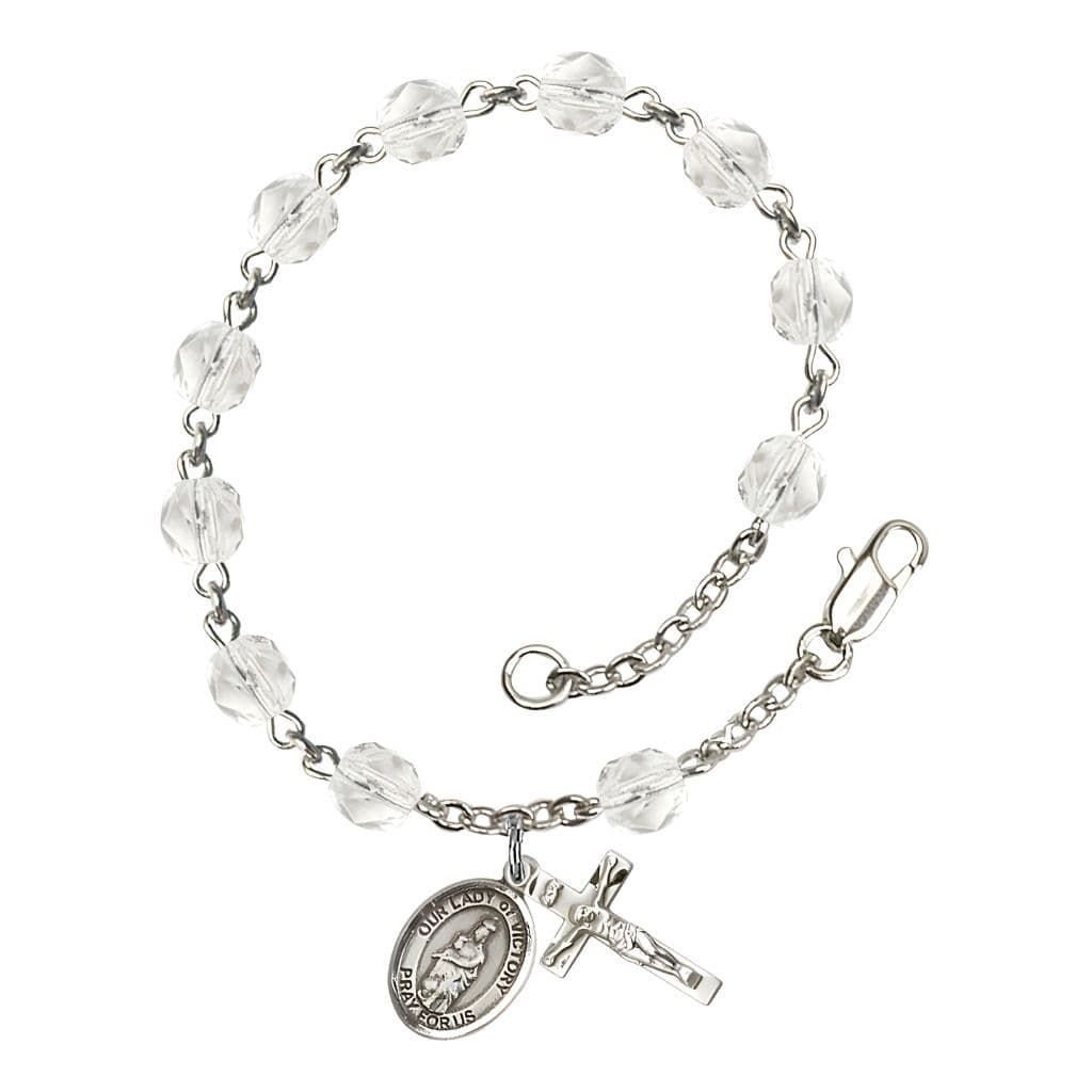 Bliss Catholic Our Lady of Victory April Birthstone Clear  6mm Fire Polished Silver-plated Rosary Bracelet with Pewter Centerpiece and Crucifix