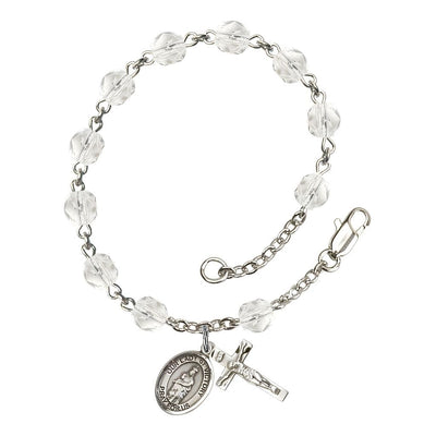 Catholic Our Lady of Victory April Birthstone Clear 6mm Fire Polished Silver-plated Rosary Bracelet with Pewter Centerpiece and Crucifix in Crystal, Bliss Manufacturing
