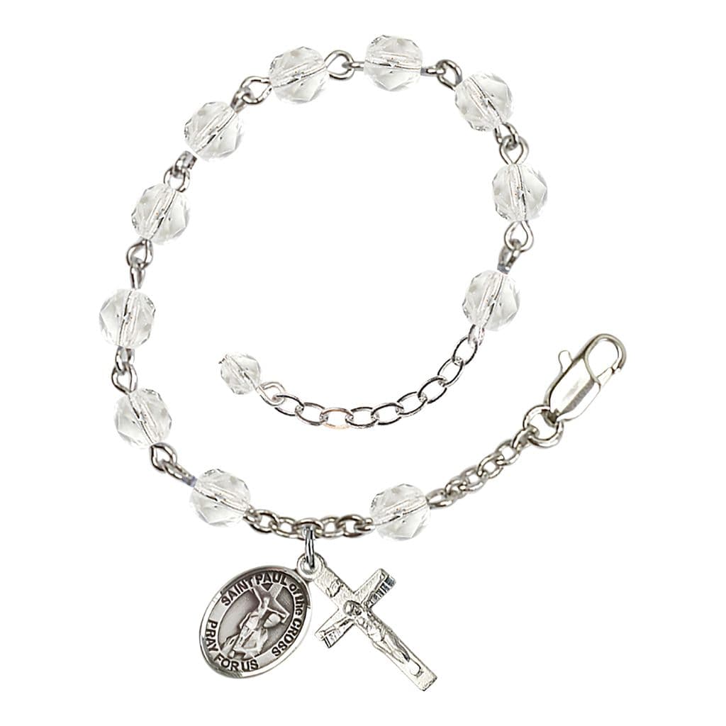 Bliss St. Paul of the Cross Rosary Bracelet with Pewter Crucifix and Charm, Birthstone 6mm Fire Polished Clear Crystal Beads for April