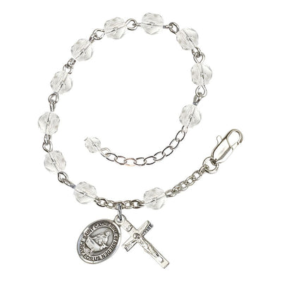 St. Catherine of Sweden Rosary Bracelet with Pewter Crucifix and Medal, Birthstone 6mm Fire Polished Clear Crystal Beads for April, Bliss Manufacturing