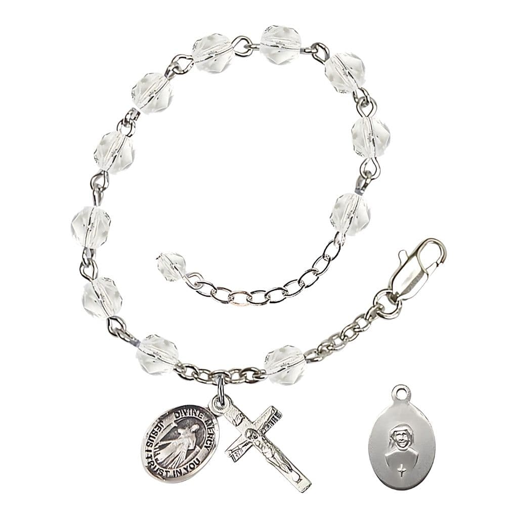 Bliss Jesus Divine Mercy Rosary Bracelet with Pewter Crucifix and Charm, Birthstone 6mm Fire Polished Clear Crystal Beads for April