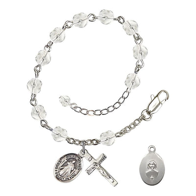Jesus Divine Mercy Rosary Bracelet with Pewter Crucifix and Charm, Birthstone 6mm Fire Polished Clear Crystal Beads for April, Bliss Manufacturing