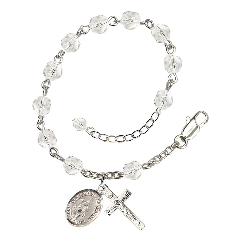 Our Lady of Assumption Birthstone Silver-plated Rosary Bracelet with 6mm clear fire-polished 