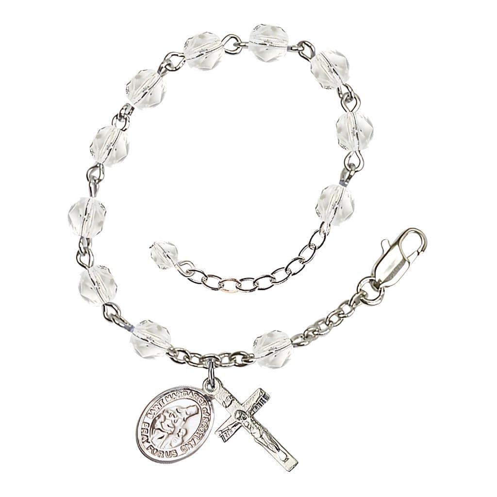 Bliss St. Margaret of Scotland April Birthstone 6mm Clear Fire Polished Beads Silver-Plated Rosary Bracelet with Pewter Crucifix and Medal