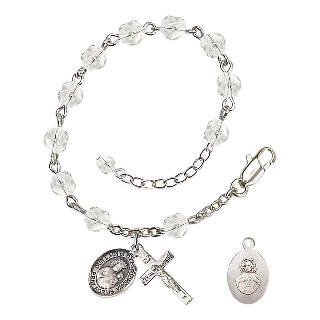 Our Lady of Czestochowa Rosary Bracelet with Pewter Crucifix and Charm, Birthstone 6mm Fire Polished Clear Crystal Beads for April