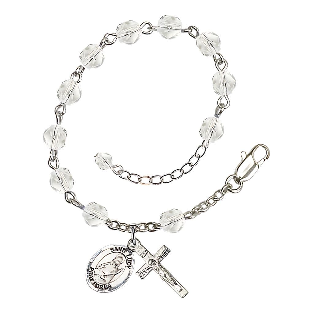 St. Lucy Birthstone Silver-Plated Rosary Bracelet in Clear Crystal,