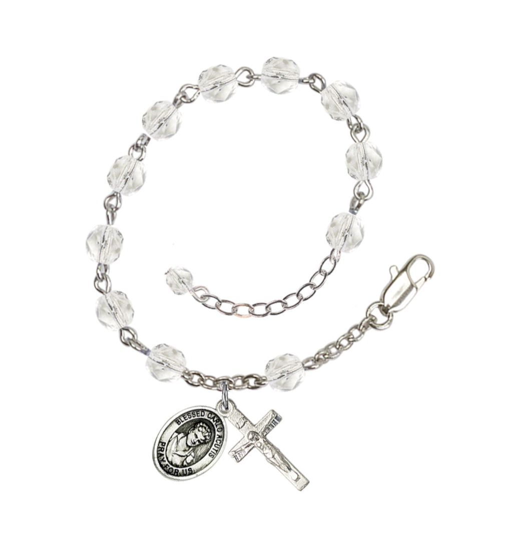 Bliss Silver-Plated April Crystal Blessed Carlo Acutis Birthstone Rosary Bracelet,