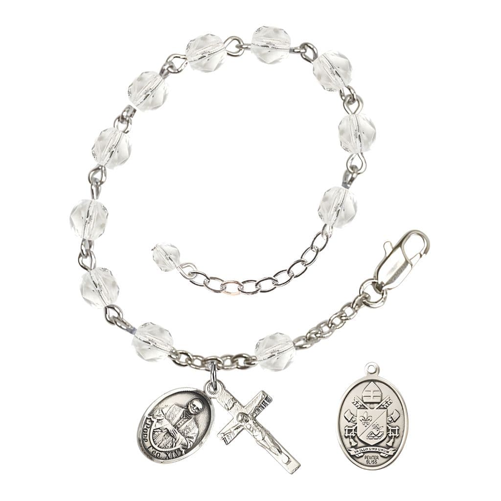 Bliss Pope Leo XIV Birthstone 6mm Fire Polished Silver-plated Rosary Bracelet with birthstone fire-polished clear beads