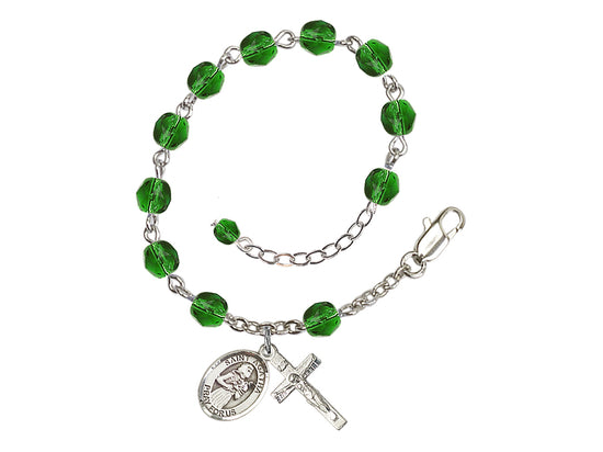 Hand Made Silver Plate Emerald Rosary Bracelet with 6mm Fire Polished Beads featuring a St. Agatha Charm,