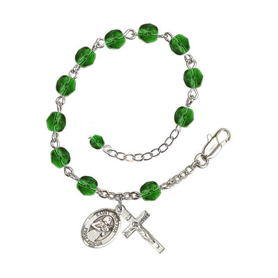 Hand Made Silver Plate Emerald Rosary Bracelet with 6mm Fire Polished Beads featuring a St. Agatha Charm, Bliss Manufacturing