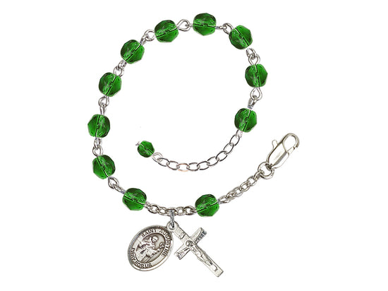 Silver-Plated Emerald Crystal St Augustine Birthstone Rosary Bracelet