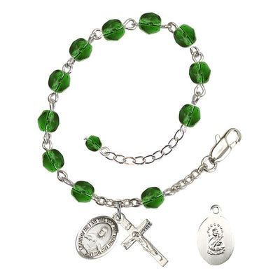 Sacred Heart of Jesus Scapular Rosary Bracelet with Pewter Crucifix and Charm, Birthstone 6mm Fire Polished Emerald Beads for May, Bliss Manufacturing