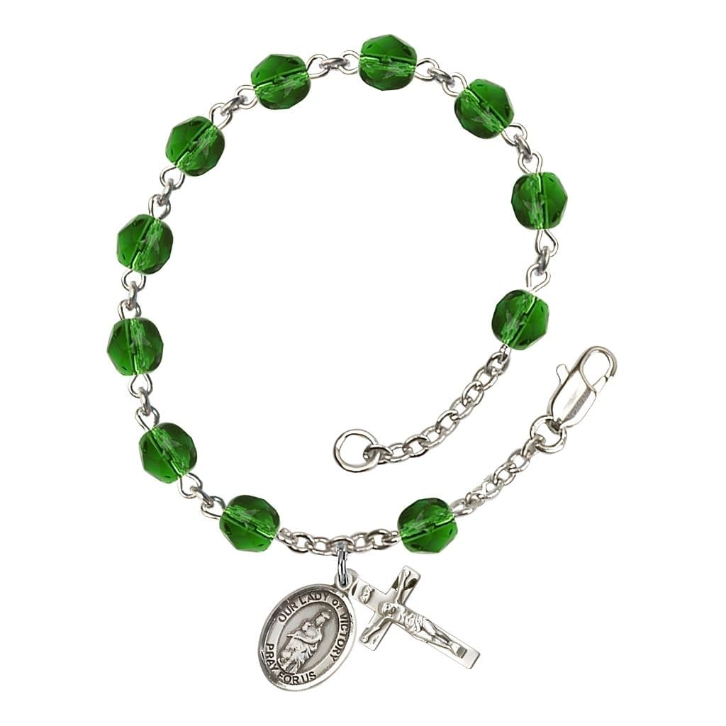 Bliss Catholic Our Lady of Victory May Birthstone Emerald 6mm Fire Polished Silver-plated Rosary Bracelet with Pewter Centerpiece and Crucifix