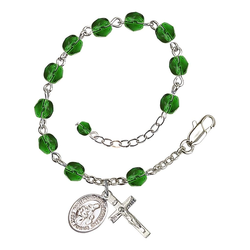 Bliss St. Margaret of Scotland May Birthstone 6mm Emerald Fire Polished Beads Silver-Plated Rosary Bracelet with Pewter Crucifix and Medal
