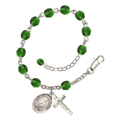 Bliss Our Lady of Rosa Mystica Rosary Bracelet with Pewter Crucifix and Charm, Birthstone 6mm Fire Polished Emerald Beads for May