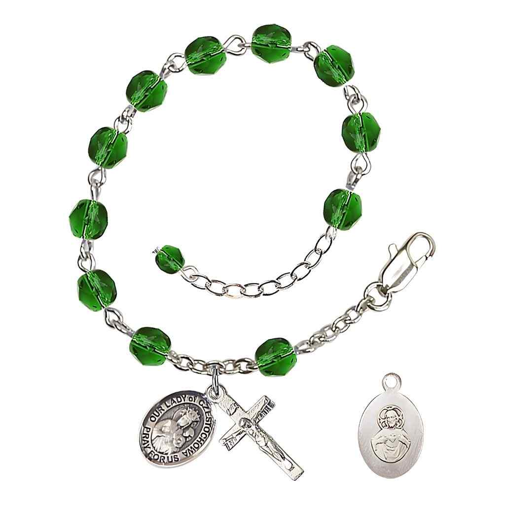 Our Lady of Czestochowa Rosary Bracelet with Pewter Crucifix and Charm, Birthstone 6mm Fire Polished Emerald Beads for May
