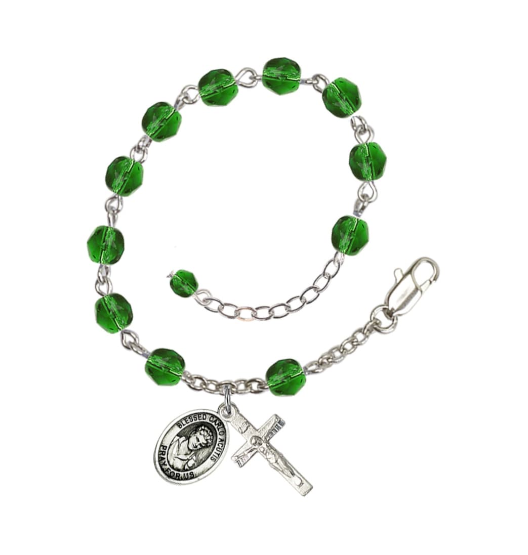 Bliss Silver-Plated Crystal Blessed Carlo Acutis Birthstone Rosary Bracelet,Emerald May,