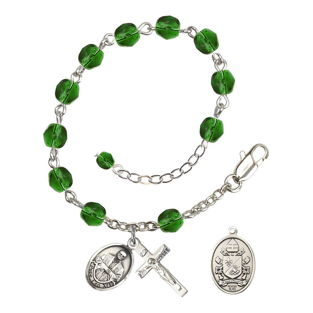Bliss Pope Leo XIV Birthstone 6mm Fire Polished Silver-plated Rosary Bracelet with birthstone fire-polished emerald beads