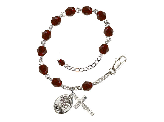 Garnet Silver-Plated Crystal St Anthony of Padua Birthstone Rosary Bracelet