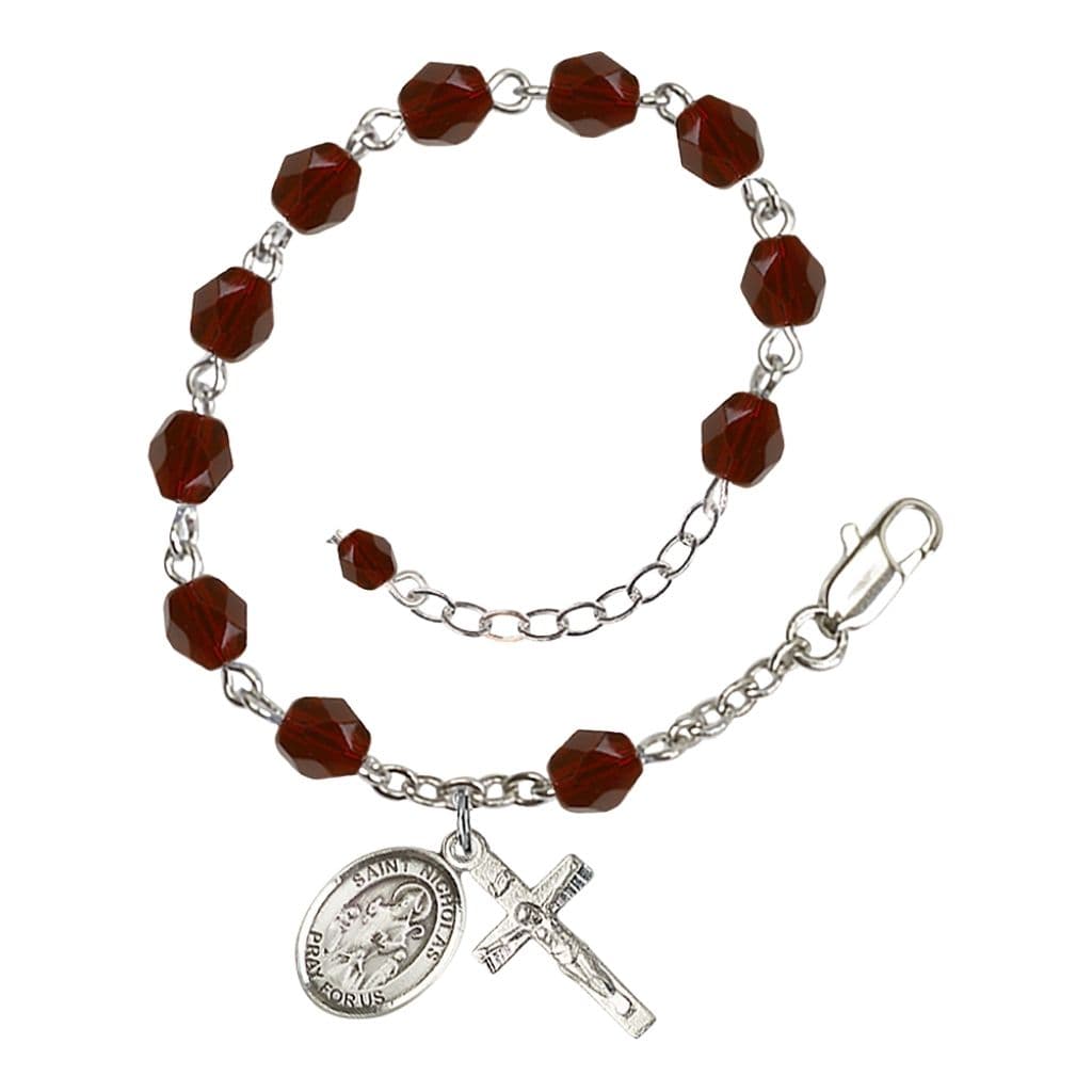 Bliss St. Nicholas Rosary Bracelet with Pewter Centerpiece and Crucifix, January Birthstone 6mm Garnet Fire Polished Beads