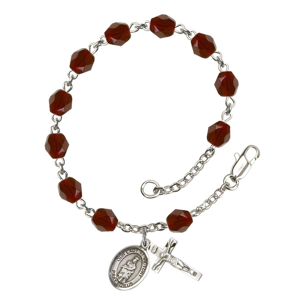 Bliss Catholic Our Lady of Victory January Birthstone Garnet 6mm Fire Polished Silver-plated Rosary Bracelet with Pewter Centerpiece and Crucifix