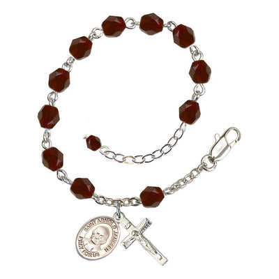 Silver-Plated Garnet Crystal St Arnold Janssen Birthstone Rosary Bracelet, Bliss Manufacturing