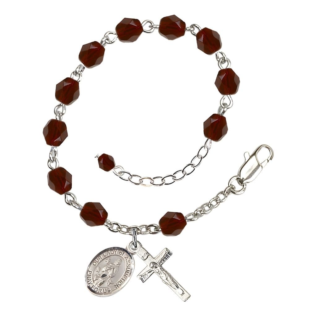 Our Lady of Assumption Birthstone Silver-plated Rosary Bracelet with 6mm garnet red fire-polished 