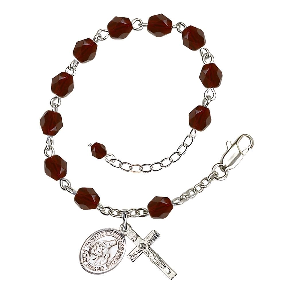 Bliss St. Margaret of Scotland January Birthstone 6mm Garnet Fire Polished Beads Silver-Plated Rosary Bracelet with Pewter Crucifix and Medal