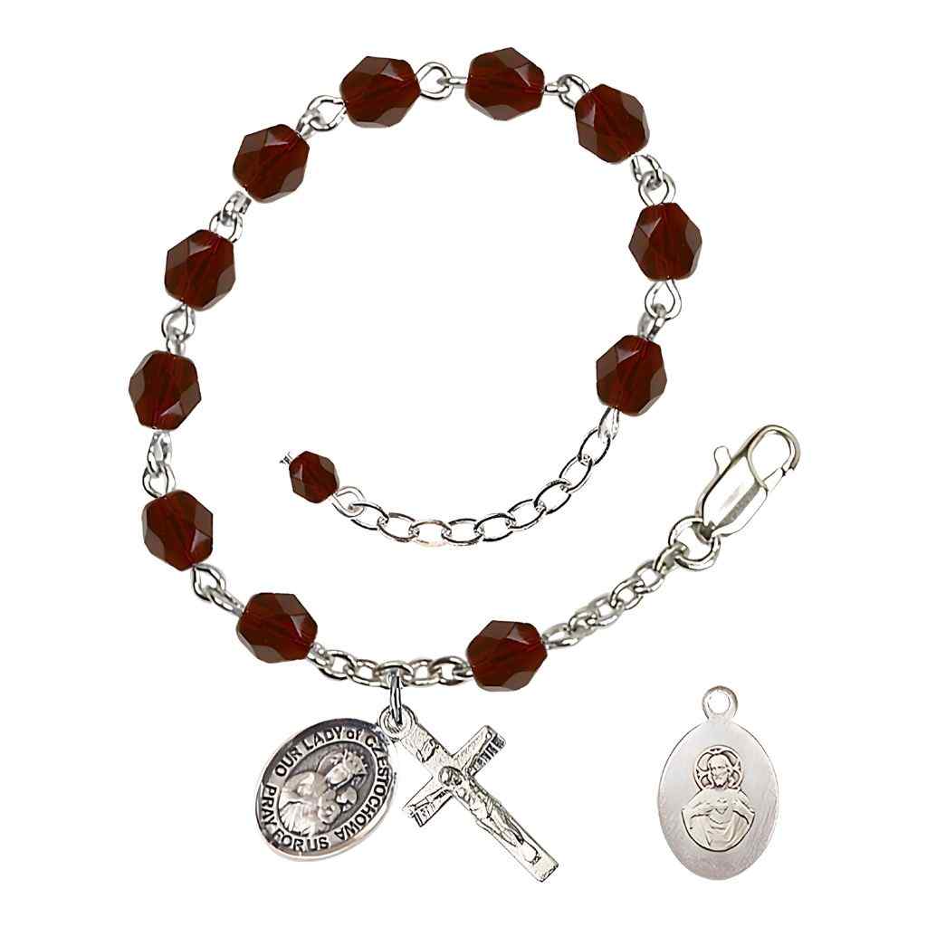 Our Lady of Czestochowa Rosary Bracelet with Pewter Crucifix and Charm, Birthstone 6mm Fire Polished Garnet Beads for January