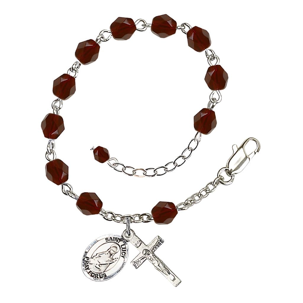 St. Lucy Birthstone Silver-Plated Rosary Bracelet in Garnet,