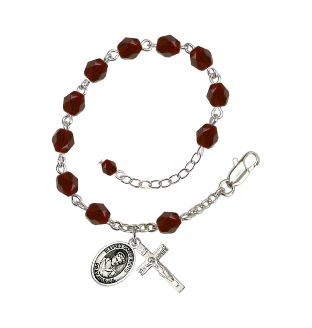 Bliss Silver-Plated Crystal Blessed Carlo Acutis Birthstone Rosary Bracelet, Garnet January,