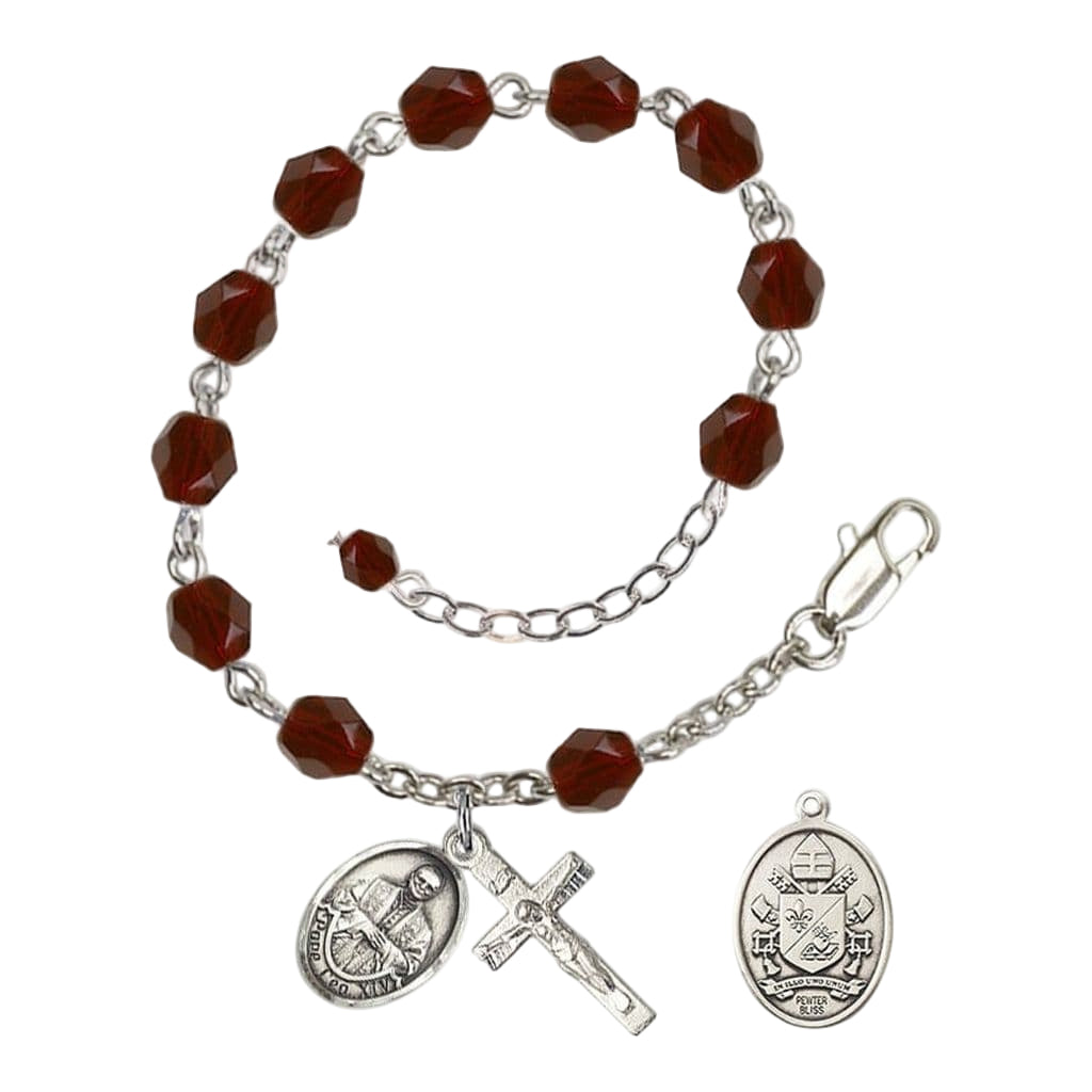 Bliss Pope Leo XIV Birthstone 6mm Fire Polished Silver-plated Rosary Bracelet with birthstone fire-polished garnet beads