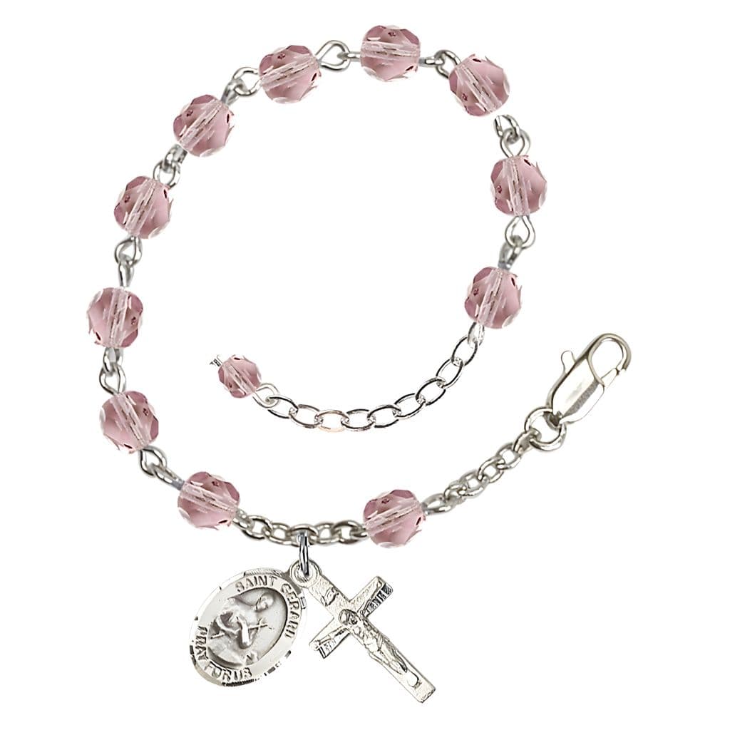 Bliss Gerard Majella Rosary Bracelet with Pewter Crucifix and Medal, Birthstone 6mm Fire Polished Light Amethyst Beads for June