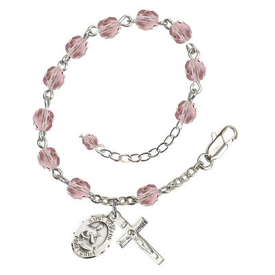 Gerard Majella Rosary Bracelet with Pewter Crucifix and Medal, Birthstone 6mm Fire Polished Light Amethyst Beads for June, Bliss Manufacturing