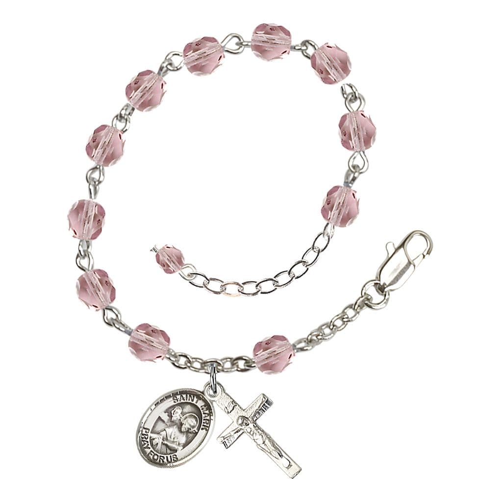Bliss Saint Mark the Evangelist Rosary Bracelet with Pewter Crucifix and Medal, Birthstone 6mm Fire Polished Light Amethyst Beads for June