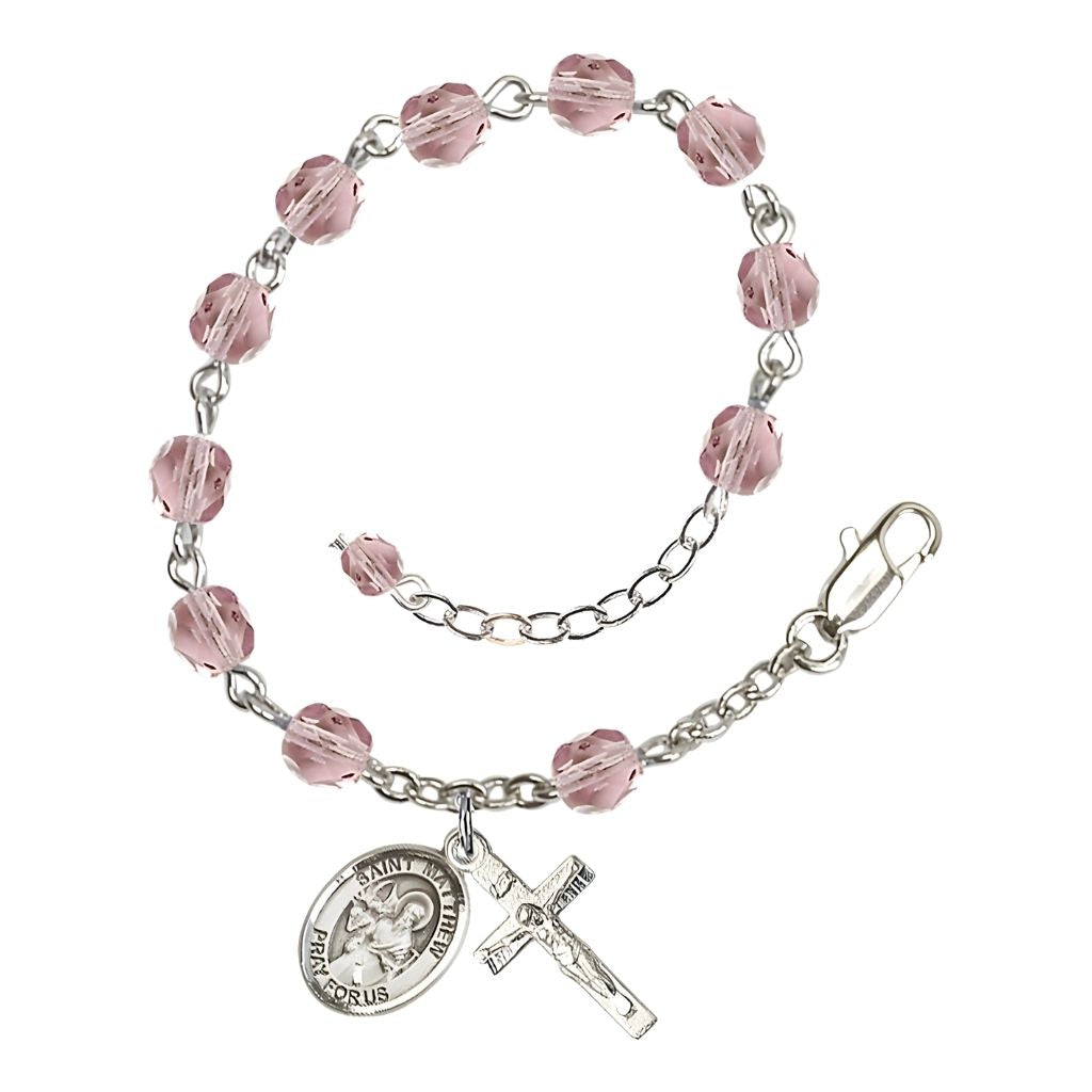 St. Matthew the Apostle Birthstone 6mm Light Amethyst Fire Polished Rosary Bracelet with Pewter Crucifix and Centerpiece