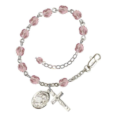 Saint Martin de Porres Rosary Bracelet with Pewter Crucifix and Charm, Birthstone 6mm Fire Polished Light Amethyst Beads for June