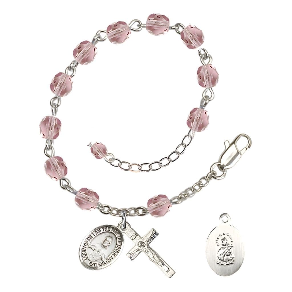 Bliss Sacred Heart of Jesus Scapular Rosary Bracelet with Pewter Crucifix and Charm, Birthstone 6mm Fire Polished Light Amethyst Beads for June