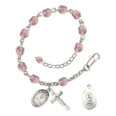 Sacred Heart of Jesus Scapular Rosary Bracelet with Pewter Crucifix and Charm, Birthstone 6mm Fire Polished Light Amethyst Beads for June, Bliss Manufacturing