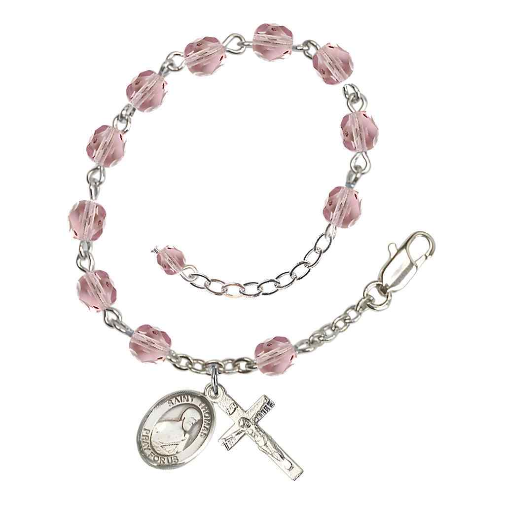 Bliss St. Thomas the Apostle Rosary Bracelet with Pewter Crucifix and Charm, Birthstone 6mm Fire Polished Light Amethyst Beads for June