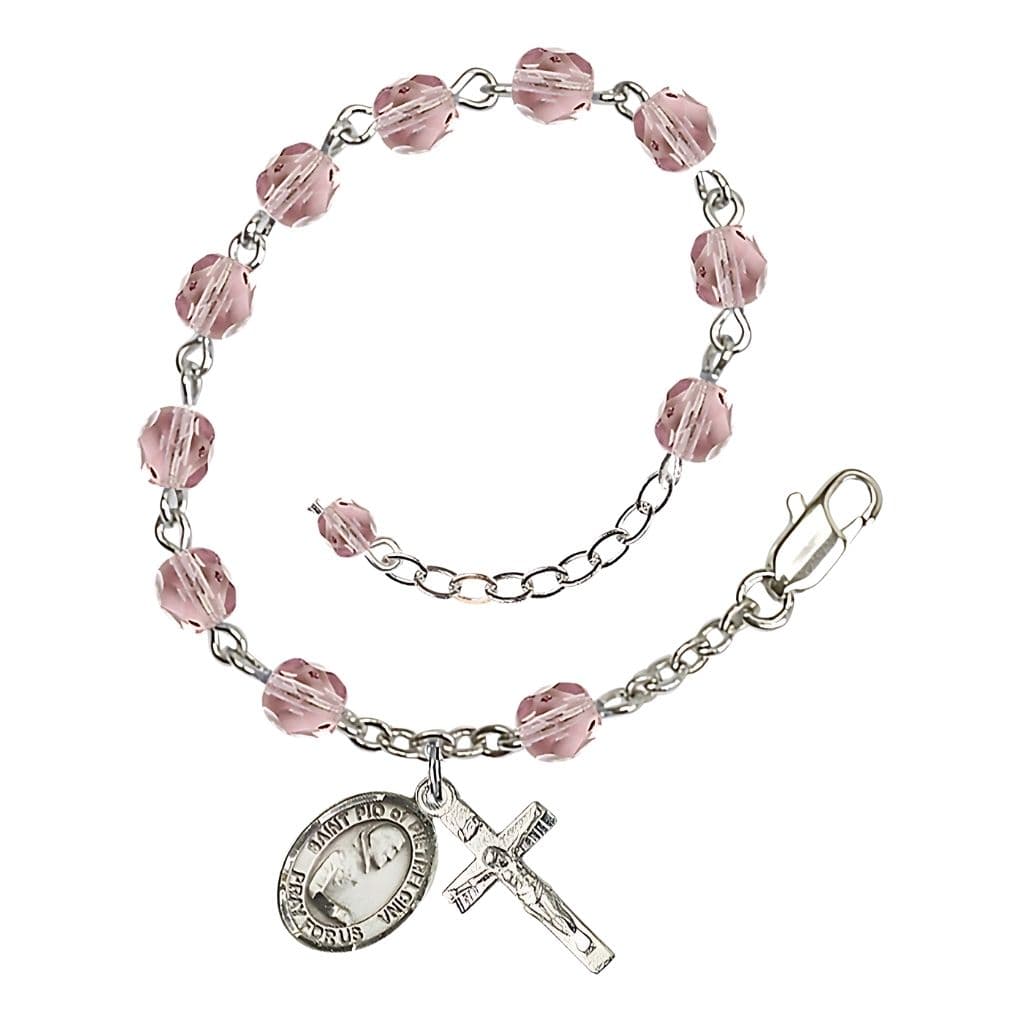 Bliss St. Padre Pio of Pietrelcina 6mm Fire Polished Birthstone Silver-plated Rosary Bracelet in Light Amethyst
