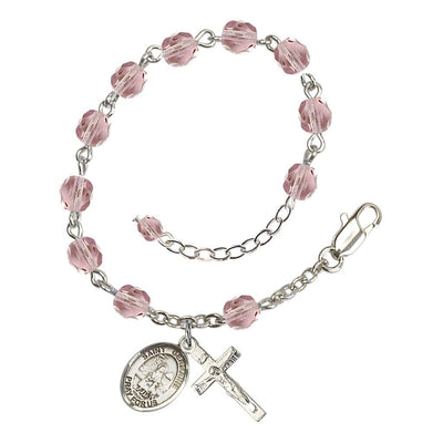St. Germaine Cousin Rosary Silver-plated Bracelet with Pewter Crucifix and Charm, Birthstone 6mm Fire Polished Light Amethyst Beads for June