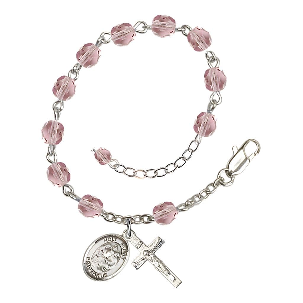 Bliss Holy Family Rosary Bracelet with Pewter Crucifix and Medal, Birthstone 6mm Fire Polished Light Amethyst Beads for June