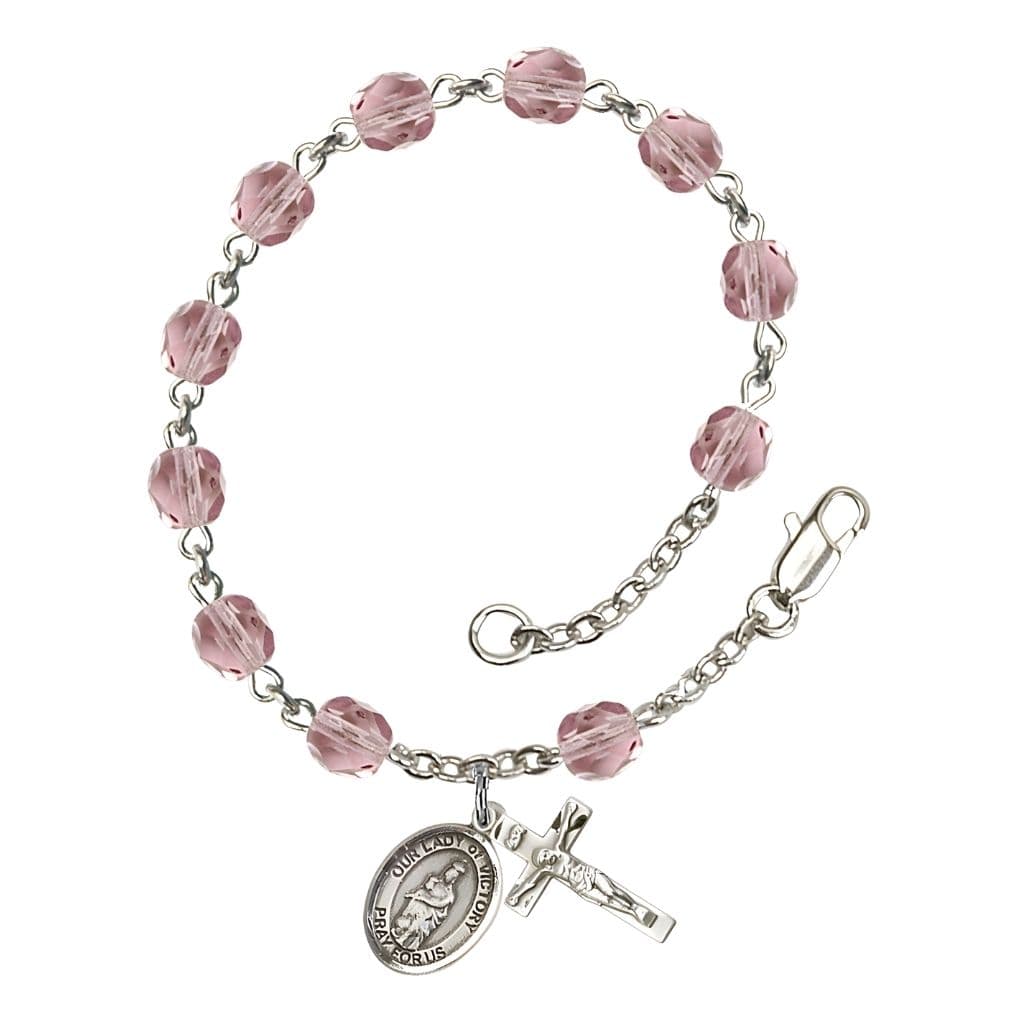 Bliss Catholic Our Lady of Victory June Birthstone Light Amethyst  6mm Fire Polished Silver-plated Rosary Bracelet with Pewter Centerpiece and Crucifix