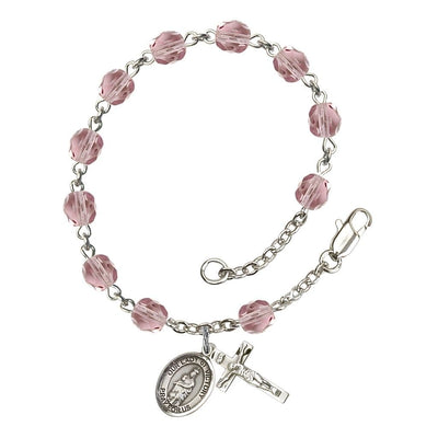 Catholic Our Lady of Victory June Birthstone Light Amethyst 6mm Fire Polished Silver-plated Rosary Bracelet with Pewter Centerpiece and Crucifix, Bliss Manufacturing